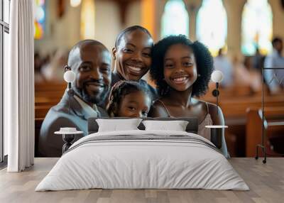 African American family smiling and embracing faith and love as they sit together in a beautiful church, radiating joy on a sunny day. Wall mural