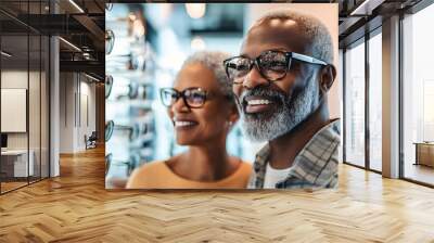 African american senior couple wearing pair of trendy glasses, stylish spectacles and new prescription lenses at an optometrist. Man and woman choosing eyeglasses frame in optical store Wall mural