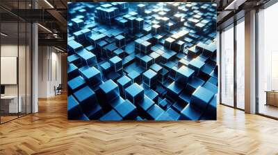 an abstract, high resolution image of blue three dimensional cubes with a reflective surface. Wall mural