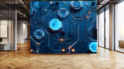 An abstract blue computer technology background has hexagon circuit boards and circles in technology illustrations. Wall mural