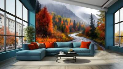 An autumn mountain road with trees displaying fiery foliage. A light fog settles over the area as rain begins to fall, creating a mystical and beautifully muted palette of fall colors. Wall mural