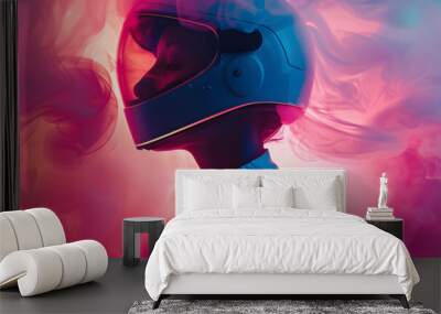 An ethereal silhouette of a helmeted character amidst swirling, neon-hued smoke evokes a feeling of surrealism Wall mural