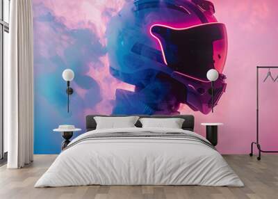 An ethereal silhouette of a helmeted character amidst swirling, neon-hued smoke evokes a feeling of surrealism Wall mural