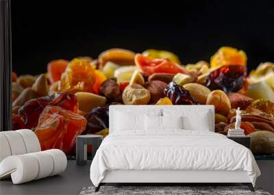 an exotic dry fruits mix, blank dark background, realistic lighting, top to down perspective Wall mural