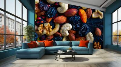 an exotic dry fruits mix, blank dark background, Wall mural