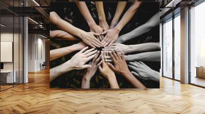 an image of hands reaching in together in a cirlce, teamwork Wall mural