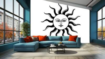 An image of the sun with a face and rays. A mystical, esoteric or occult design element. Cartoon characters in pencil drawing style. Black and white image. Illustration for cover, card, print, etc. Wall mural