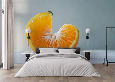 An orange cut in half sits atop a white table beside a fruit-shaped bloom Wall mural