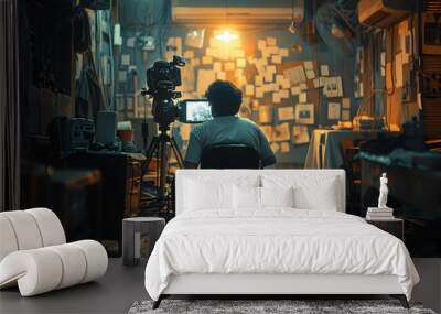 an young south indian filmmaker on the busy film set, relaxing,  Wall mural