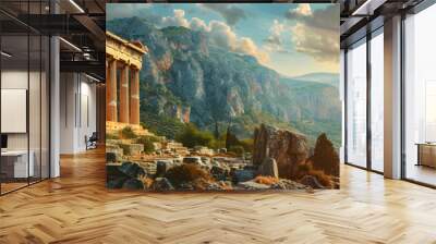 Ancient temple in Greece, view of Greek ruins on mountain and sky background, landscape with old historical building, sun and rocks. Theme of antique, travel and culture Wall mural