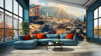 Ancient temple in Greece, view of Greek ruins on mountain and sky background, landscape with old historical building, sun and rocks. Theme of antique, travel and culture Wall mural