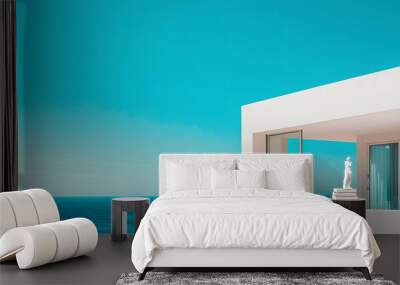 Architectural detail of white modern Mediterranean house over turquoise sea and blue sky background. Minimal architecture building detail in coastline by ocean or sea Wall mural