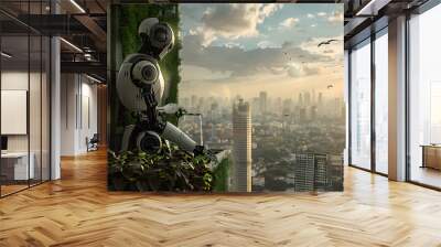 Artificial intelligence, robot thinking about world, looking at the city. Futuristic concept. Wall mural