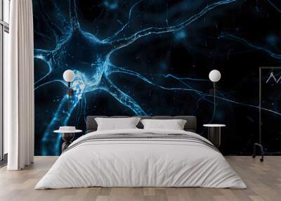 Artistic dark blue colored neuron cell in the brain on black illustration background. Wall mural