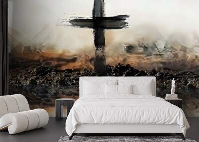 Ash Wednesday. Christian cross symbol marked with ash Wall mural