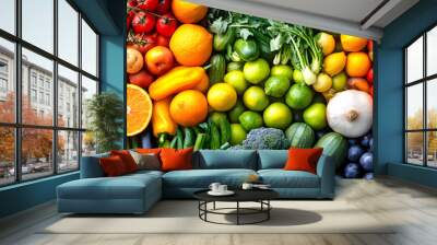 Assortment of fresh organic fruits and vegetables in rainbow colors Wall mural