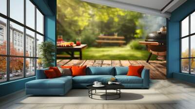 BBq grill in the back yard background with empty wooden table Wall mural