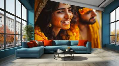 Beautiful Indian couple during Haldi event, Indian traditional wedding celebration Wall mural