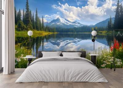 Beautiful northwestern mountains and fir trees forest landscape with lake reflection and wildflowers, wide, background Wall mural