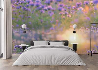 beautiful panorama rural landscape with sunrise and blossoming meadow purple flowers flowering on spring field phacelia AI Wall mural