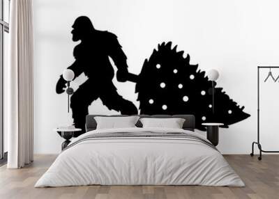 Bigfoot Silhouette Dragging Christmas Tree Vector Illustration Wall mural