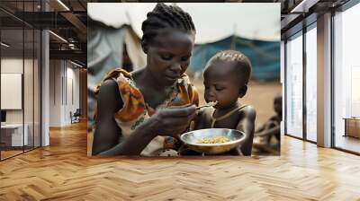 black African mother feeding her young malnourished child in a refugee camp, demonstrating maternal care and resilience amid adversity, captures the importance of humanitarian aid video animation Wall mural