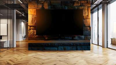 Black and blank LED TV (internet tv) television screen modern media with pipe of electric wire on brown stone block wall background. Wall mural