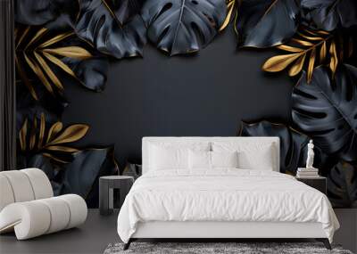 black background framed by black and gold tropical leaves with empty space in the center Wall mural