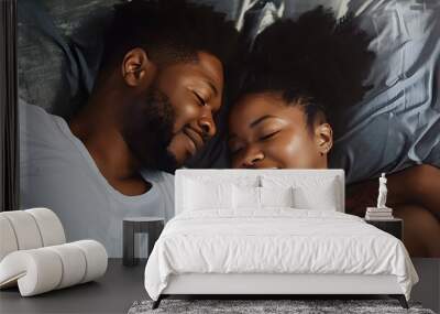 Black couple and eye contact in bed with romance for love with tender, embrace and care in morning with smile. Dating, relationship and relaxing with passion for partner with comfort or waking up. Wall mural