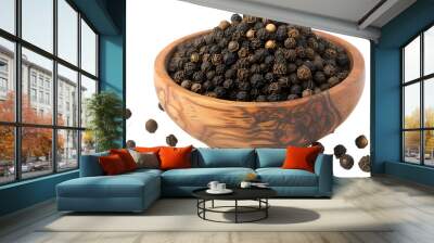 Black peppercorns (Black pepper) in wooden bowl isolated on white background  Wall mural