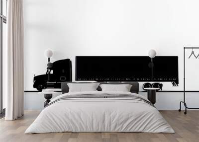 Black silhouette of a semi-truck with a trailer on a white background, symbolizing transportation and logistics. Wall mural