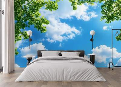 Blank blue sky with fluffy clouds and green tree branches in the foreground providing copy space image Wall mural