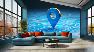 Blue location symbol pin icon sign or navigation locator map travel gps direction pointer and marker place position point design element on route graphic road mark destination background. 3D render. Wall mural