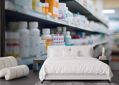 Blurred background of a pharmacy store. Pharmacist and medicine concept Wall mural