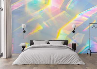 blurred rainbow light refraction texture overlay effect for photo and mockups organic drop diagonal holographic flare on a white wall shadows for natural light effects AI Wall mural