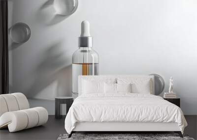 bottle of glass with cosmetic serum on white background. Mockup of container with dropper Wall mural