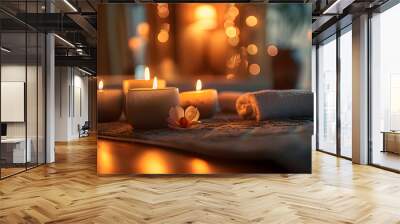 Burning candles aroma on table in spa room. Wall mural