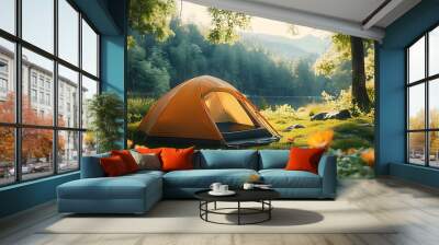 Camp tent on green grass forest with beautiful flower on view nature. Wall mural