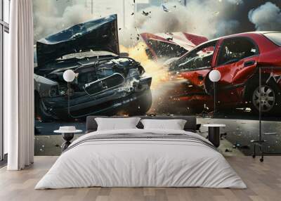 Car accident with two cars crashing together Wall mural