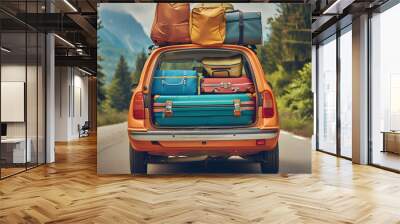 Car full of suitcases and bags to go on summer vacation Wall mural