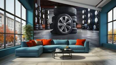 Car tires with a great profile in the car repair shop Wall mural