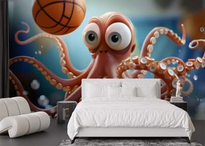 Cartoon character of an octopus with a basketball. 3d illustration Wall mural