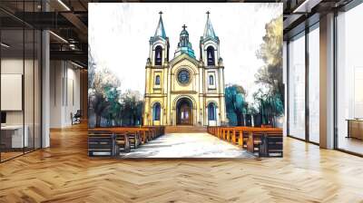 Catholic church hand drawn sketch. Vector illustration design. Wall mural