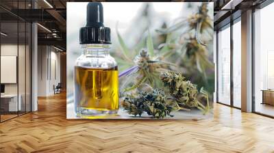 CBD Hemp Oil with Marijuana Buds on White Background Wall mural