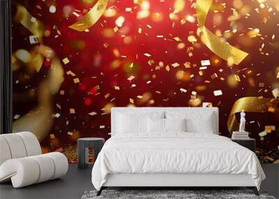 celebration background template with gold confetti and gold ribbons on red background falling shiny golden confetti gold festive party festive party or holiday glitter backdrop luxury card Wall mural