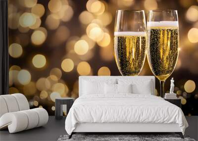 Champagne for festive cheers with gold sparkling bokeh background. Glasses of sparkling wine in front of tender bright gold bokeh. Horizontal background for celebrations and invitation cards space Wall mural