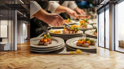 Chef garnishing exquisite plate of food    Wall mural