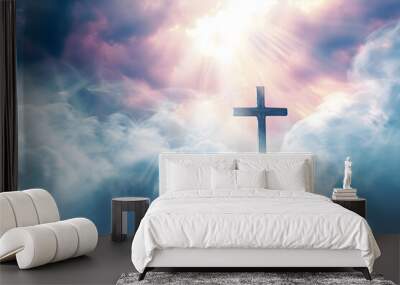 Christian cross in heavenly wallpaper with ethereal clouds, symbolizing heaven or spirituality. Wall mural