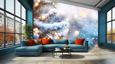 Christmas background. Xmas tree with snow decorated with garland lights, holiday festive background. Widescreen frame backdrop. New year Winter art design, Christmas scene wide screen holiday border Wall mural