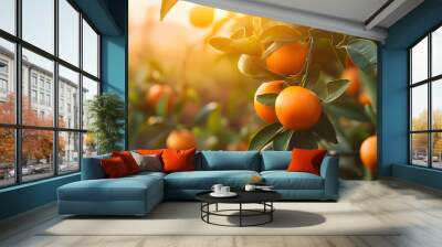 Citrus branches with organic ripe fresh oranges tangerines growing on branches with green leaves in sunny fruiting garden. Wall mural